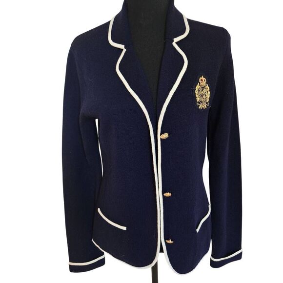 LAUREN Ralph Lauren Womens Merino Wool Collegiate Crest Blazer Navy Size Medium - Picture 1 of 11